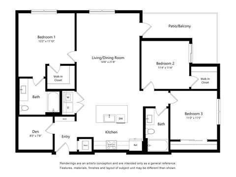 Floor plan for 3 beds, 2 baths, 1423 sqft
